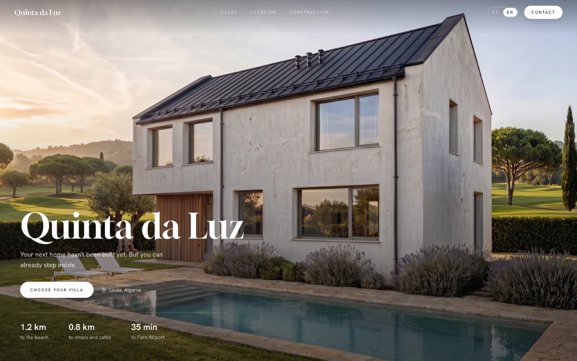 Quinta da Luz: a villa with pool at golden hour, seen inside the live buying experience